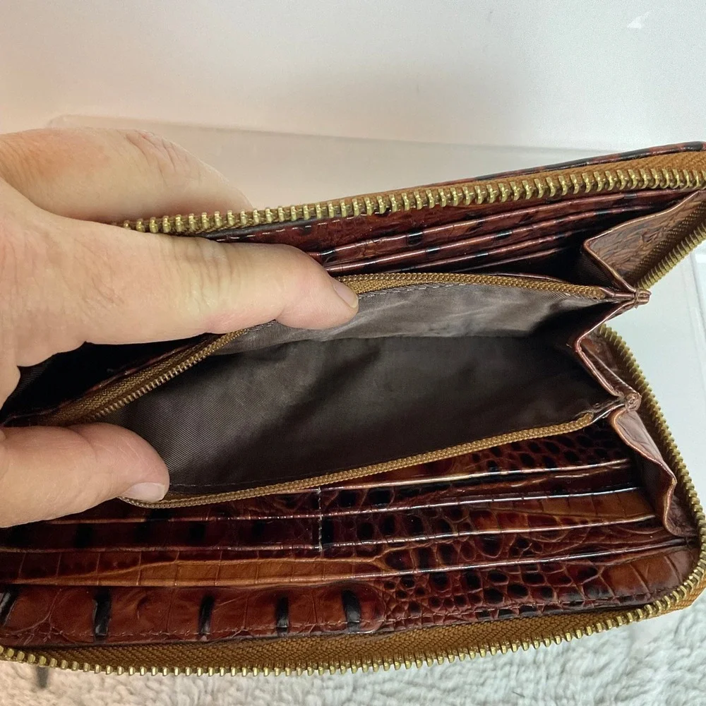 Brahmin Vintage Melbourne Zip Around Wallet Pecan Brown Croc Embossed Leather